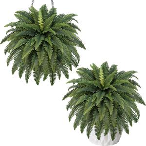 Fake Ferns, 42IN Large Fake Bush Plants, 2 Artificial Ferns with 65 Fronds for Outdoor Hanging Planter Home Decor, Realistic Maintenance-Free Greenery