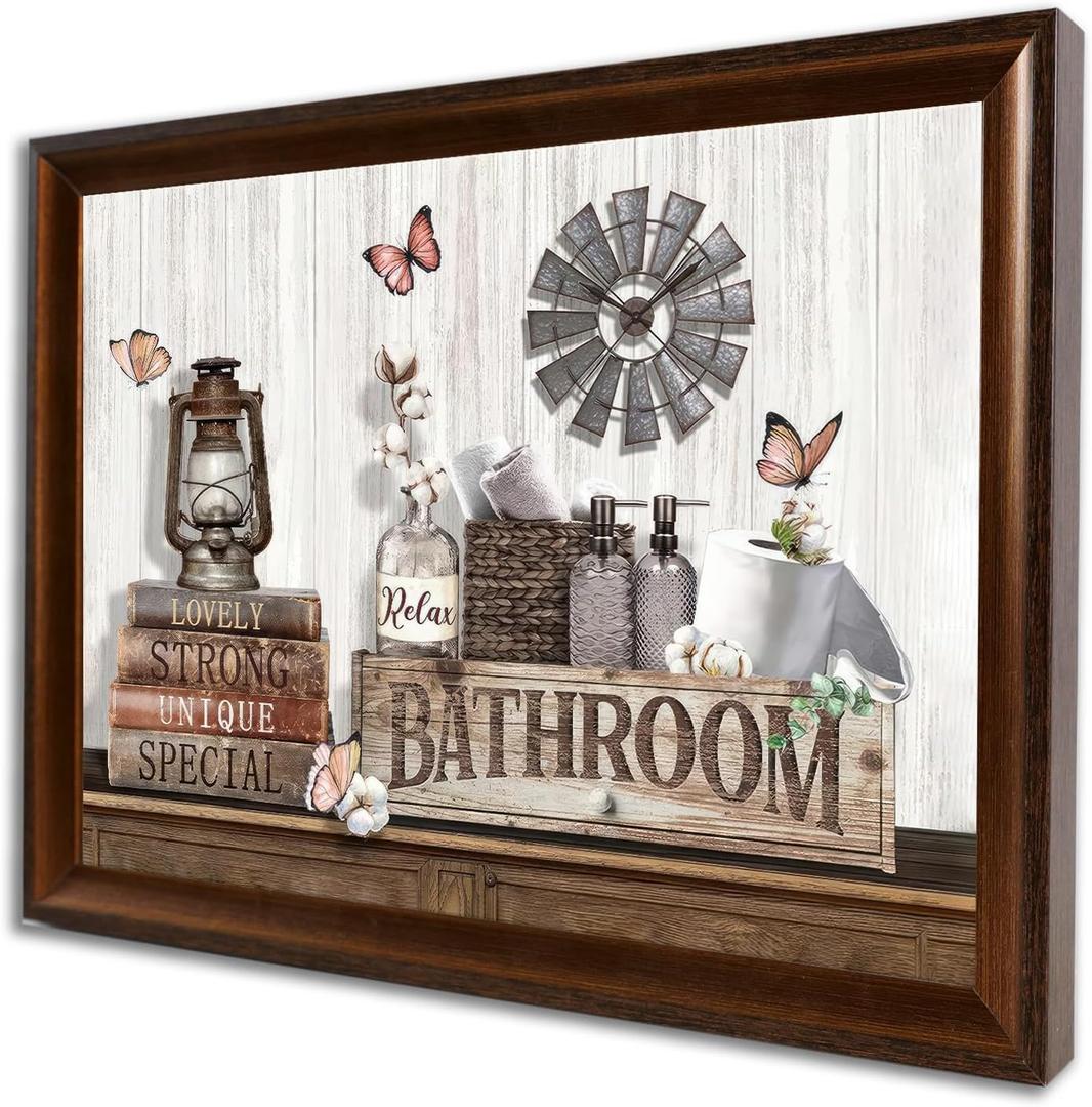 Framed Retro Brown Rustic Farmhouse Bathroom Wall Art Vintage Country Style Bath Decor Canvas Prints with Butterflies Windmill Poster Pictures for Restroom Toilet Washroom Ready to Hang