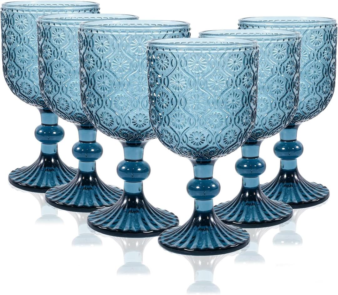 Colored Glass Goblet Set of 6, 14 oz Blue Goblets Glassware, Blue Vintage Glassware for Weddings, Parties, Restaurants, Family Gatherings, Bars, Cafeterias, Dishwasher Safe