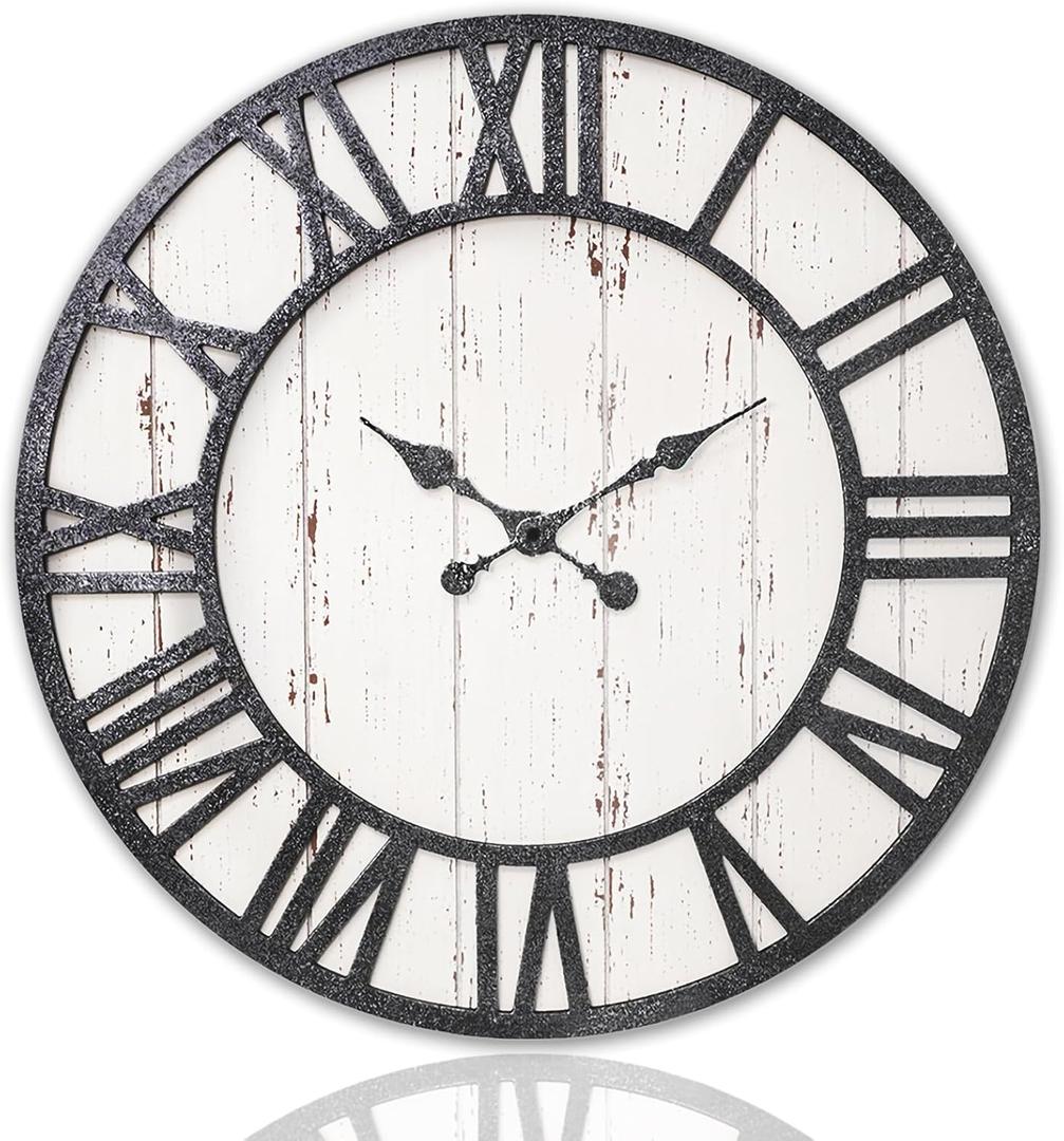 Large Farmhouse Wall Clock, 24" Rustic Roman Numerals Wooden Wall Clock for Living Room, Battery Operated, Silent (Silver & Black)