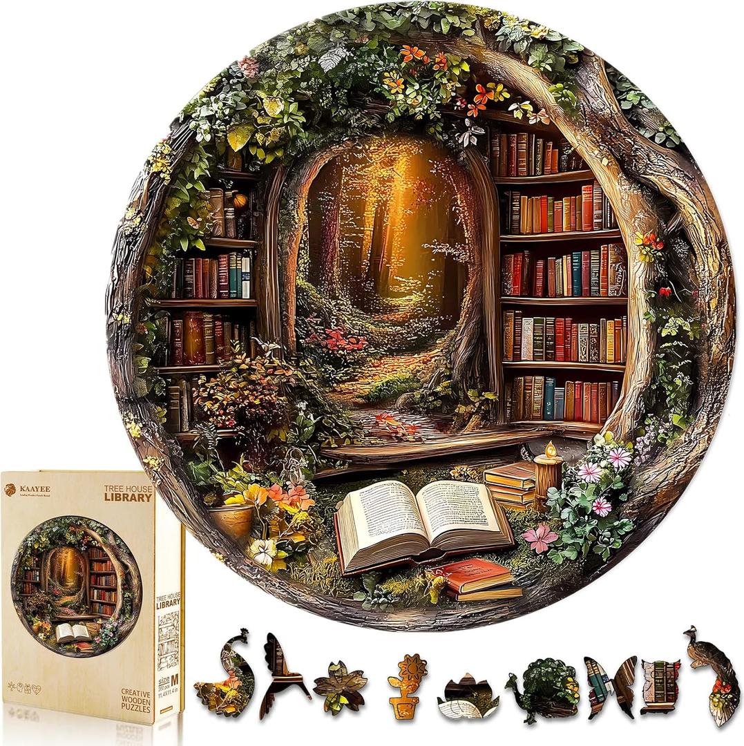 KAAYEE Wooden Puzzles for Adults, 3D Visual Effect Tree House Library Wooden Jigsaw Puzzle Unique Shape Wood Puzzle Adult, 3D Effect Flat Puzzle Birthday Family Games (M-11.4 * 11.4 in-200pcs)