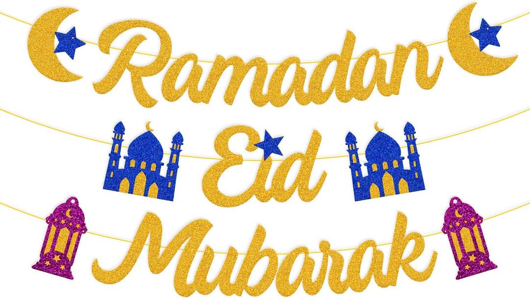 Ramadan Eid Mubarak Banner Ramadan Decorations Ramadan Kareem Eid Mubarak Theme Garland Moon Star Lantern Dcor Glitter Gold Party Supplies