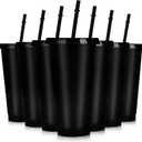 Hooqict 7 Sets Reusable Cups with Lids and Straws 24 oz Plastic Tumblers Black Party Favor Cups Water Bottle Iced Coffee Travel Mug for Kids, Adults, Summer Birthday Parties