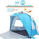 Pop Up Beach Tent, Portable Beach Folding Sun Shade Shelter, UPF 50+ Protection, Easy Setup and Carry, Double Silver Coating with 3 Ventilation Window, Large Size Perfect for Family 4 People