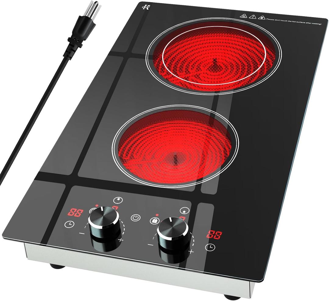 2 Burner Electric Cooktop 120V, 1800W Radiant Electric Stove Top with Countertop & Built-in Design, 12 inch Knob Control Ceramic Cooktop with Safety Lock, 9 Level Power, 99 Min Timer - Plug in, 232 square inches