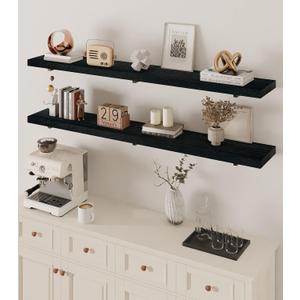 Long Wall Shelves 60 inch,Black Long Floating Shelf for Wall Set of 2,Large Shelves with Metal Brackets, Farmhouse Bookshelf for Bedroom, Living Room and Bathroom (Black, Set of 2)