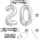 Number Balloons Silver Party Balloon - Giant Number 20 Balloon, 40 Inch Large Balloon for 20th Birthday Decorations, Silver Party Supplies for Anniversary