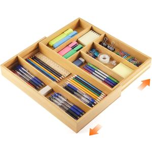 Bamboo Sliding Desk Drawer Organizer 9'' up to 18'' x 15'' x 2'' Expandable Office Desk Accessories Supplies Tray with 7 Compartments for Pens, Notebooks, Rulers, and Makeup Jewelry Vanity