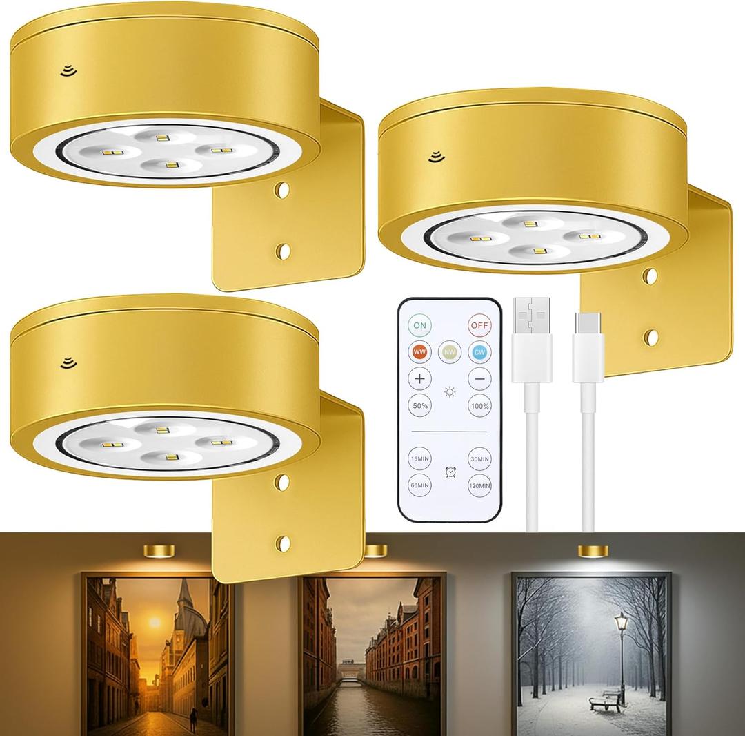 3-Pack Picture Lights for Wall, Rechargeable Battery Operated Led Painting Light with Remote Dimmable  Timer, 3 Lighting Modes Magnetic Art Display Light, Wall Decorative Lighting for Picture,Frame
