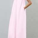 Women's Ruched Scoop Neck Sleeveless Maxi Dress Wide Pleated Strap Midi Dress Solid Loose Long Dresses with Pockets (Pink, M)