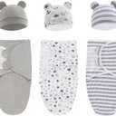 Baby Swaddle Sleep Sack with Hat Set for 0-3 months 3-Pack Soft Cotton Newborn Wearable Swaddle Wrap for Girls Boys (Grey & Star & Stripe)