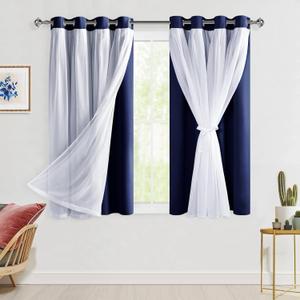 Hiasan Blackout Curtains with Sheer Overlay, Thermal Insulated Privacy Mix and Match Double Layer Window Curtains for Bedroom, Living Room, 2 Drape Panels Sewn with Tiebacks, Navy Blue, 52W X 54L