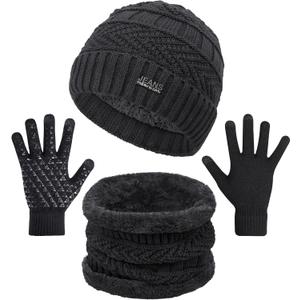 Senker Fashion Winter Beanie Hat Scarf and Touchscreen Gloves Set for Men, Warm Knit Skull Cap with Fleece Lined Gifts (Black)