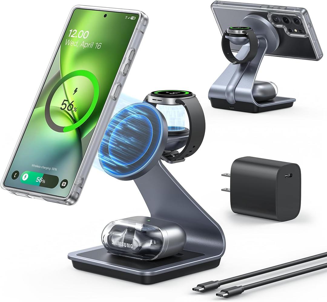 Magnetic Wireless Charger for Samsung, 3 in 1 MagSafe Charging Station Aluminum Charger Stand for Galaxy S25/S24/S23/Ultra/Plus/Z Fold7/Flip7, Watch Charger Stand for Galaxy Watch Ultra 8 7, for Buds