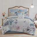 Madison Park Cassandra Cotton Blend Comforter Set - Feminine Design Colorful Floral Print, All Season Down Alternative Bedding Layer and Matching Shams, Queen (90 in x 90 in), Blue 8 Piece