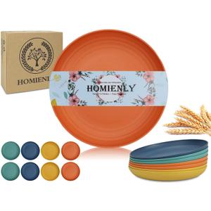 Homienly Wheat Straw Dinner Plates Set of 8 - Alternative to Plastic, Microwave & Dishwasher Safe, Unbreakable Kids Plates with 4 Colors (Colorful, 8 inch) (Classic Bright)