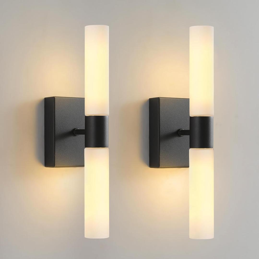 KUZZULL Wall Sconces Set of Two Matte Black Modern Bathroom Sconces Lighting Set of 2 Frosted Glass Shade Indoor Wall Lamp Wall Mounted Lights Metal Wall Light Fixtures for Living Room Stairs