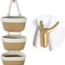 3-Tier Decorative Cotton Rope Hanging Basket, Wall-Mounted Woven Storage Organizer Bag, White + Jute