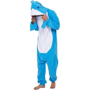 dressfan Unisex Adults Animal Shark Costume Halloween Cosplay Costume Onesie Pajamas Hooded for Women Men,Blue, Extra Large 