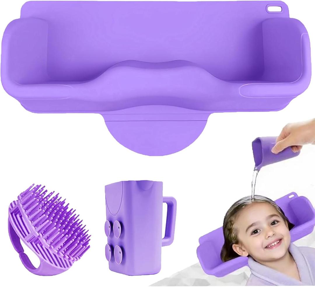 Portable Hair Washing Station Set,Silicone Hair Washing Station for Kids,ChildrenTeens,Sink or Bathtub Shampoo Buddy, Attached Shampoo Brush and Baby Bath Rinse Cup Relaxing Hair Washing (Violet)