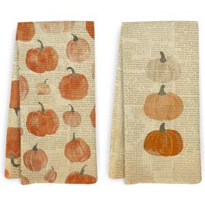 Vintage Pumpkin Kitchen Towels and Dishcloths Set of 2, Rustic Fall Pumpkin Decorative Hand Tea Towels for Bathroom Kitchen, 1624 Inches