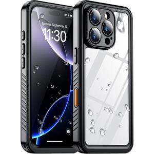 Temdan Compatible with iPhone 16 Pro Case Waterproof, Built-in Screen & Camera Protector IP68 Underwater Full Body 16FT Military Dropproof Shockproof Phone Case 6.3"-Black/Clear