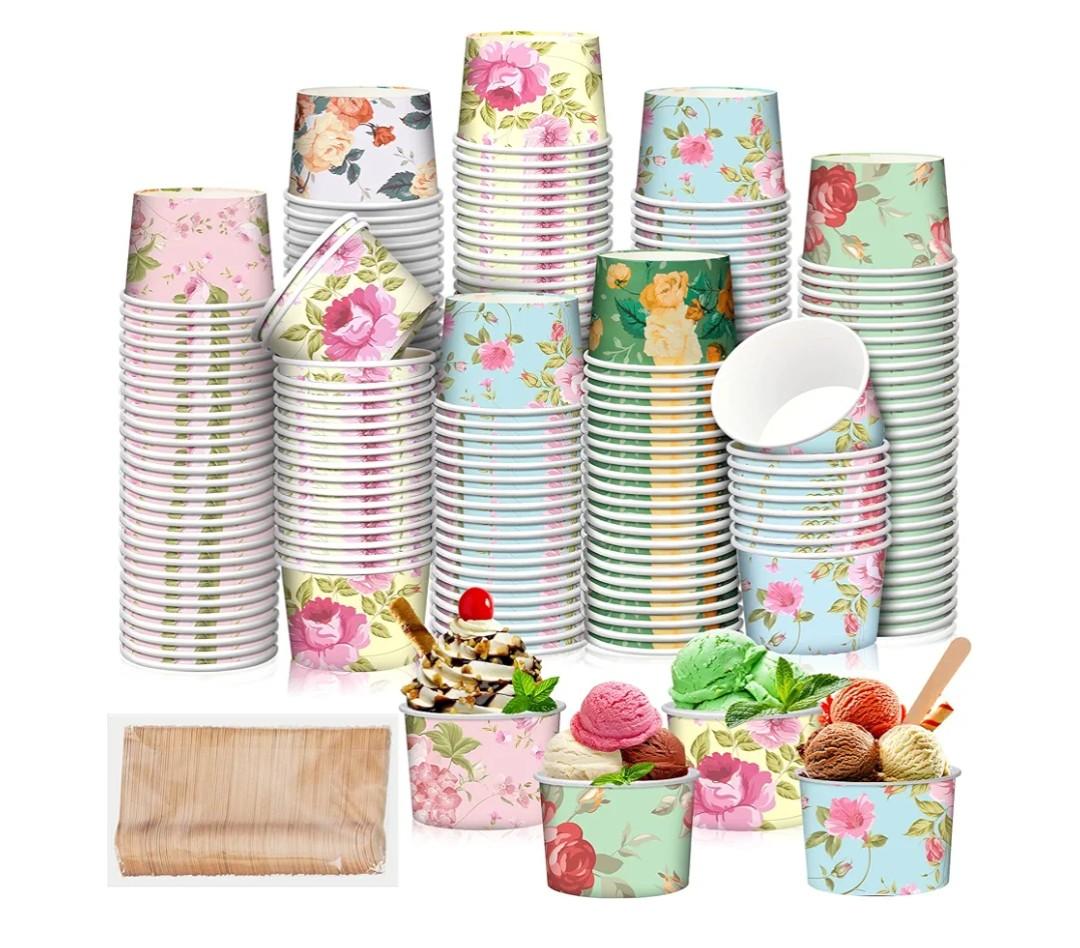 120 Pack 8 oz Floral Ice Cream Cups with Spoons Paper Disposable Sundae Dessert Bowls Tea Party Treat Snack Cups for Hot or Cold Food Soup Yogurt Cupcake Wedding Bridal Shower Summer Grad Party