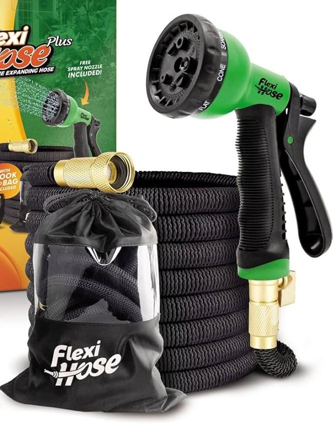 Flexi Hose PLUS with 8 Function Nozzle Expandable Garden Hose, Lightweight & NoKink Flexible Garden Hose, 3/4 inch Solid Brass Fittings and Double Latex Core, 75 ft Black