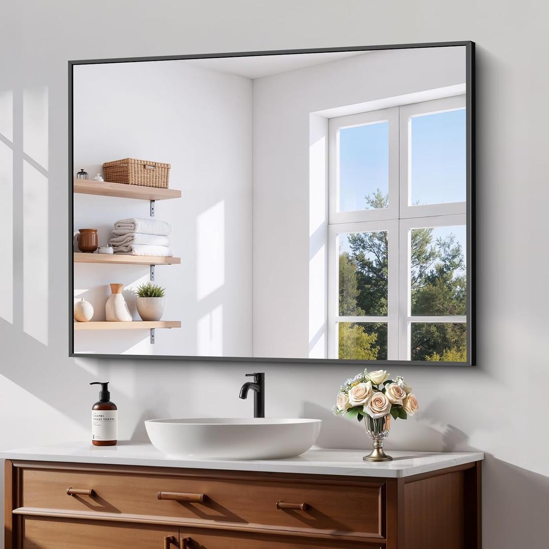 Koonmi Black Framed Bathroom Mirror - Shatterproof 30"x40" Tempered Glass, HD No Distortion, Horizontal/Vertical Mount, Modern Matte Aluminum Alloy Frame