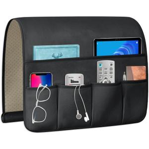 TV Remote Control Holder Couch Caddy, Non-slip Bedside Caddy Organizer with 5 Pockets for Key Glasses Phone Magazine Holders (Black, 35''x18'')