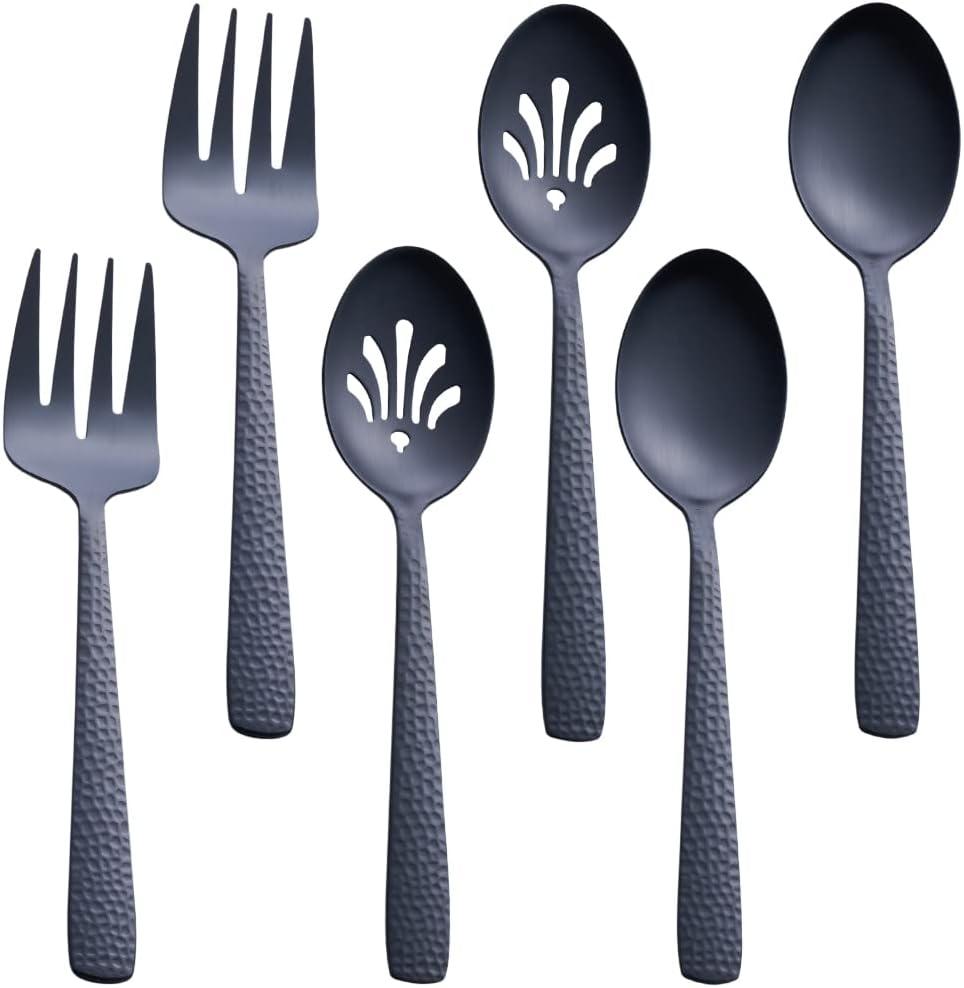 Matte Black Serving Utensil Set, 9.5-inch Stainless Steel Large Serving Spoon and Serving Fork, Satin Finish