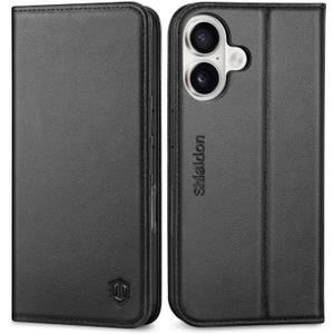 SHIELDON Genuine Leather Wallet Case for iPhone 17 6.3-inch 5G 2025 | Flip Magnetic Cover | Kickstand | RFID Blocking | 3 Credit Card Holder | Shockproof | Soft Inner Phone Case | Black