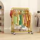 Laiensia Double Rods Garment Rack with Wheels, Clothing Rack for Hanging Clothes,4 Hooks, Multi-functional Bedroom Clothes Rack, Gold