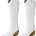 Arromic Cowboy Boots for Women Comfortable Womens Embroidered Western Cowgirl Knee High Boots Pointed Toe Zipper Chunky Heel Country Outfit Retro Tall Boots White 10