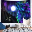 Wolf Moon Tapestry, Colorful Cool Psychedelic Wolf Poster Tapestry Wall Hanging, Purple Hippie Trippy Tapestry for Bedroom Aesthetic, Wild Animal Wolves in Forest Tapestries for Living Room, 60X40in