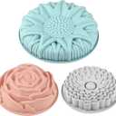 Sakolla 3 Pack Flower Shape Silicone Cake Molds, Large Round Silicone Molds for Baking Cake, Breads, Pies, Tarts (Rose, Chrysanthemum, Sunflower)