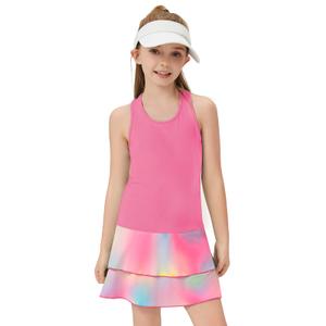 WOWENY Girls Tennis Dress Sleeveless Golf Outfit Kids Workout Sports Sets Athletic Dress with Shorts Pockets 4-14 Years Pink Tie-dye S (Pink, S)