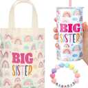 Shinylin 3 Pcs Big Sister Gift for Girls Gift 12 oz Pink Big Sister Cup Stainless Steel Mug Vacuum Insulated Tumbler with Leakproof Lid and Straw Canvas Tote Bag and Bracelet for Girls Age 2-8