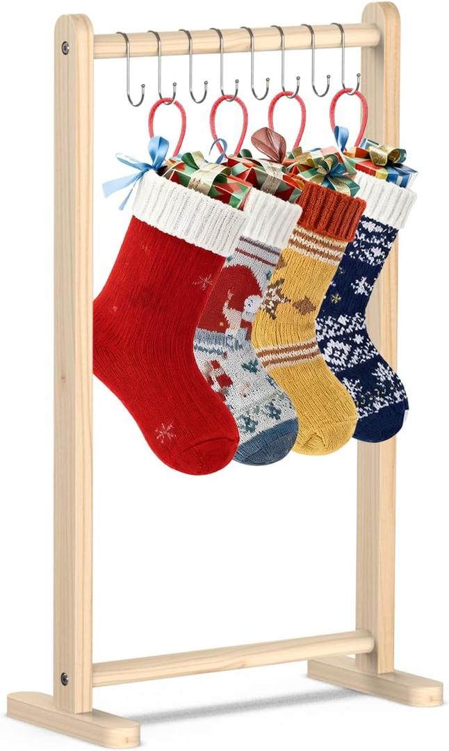 TangFee Wooden Christmas Stocking Holder Stand, 6 Hooks Wood Xmas Stocking Hanger Floor Stands, 51x26x88Cm/20 * 10 * 35inch