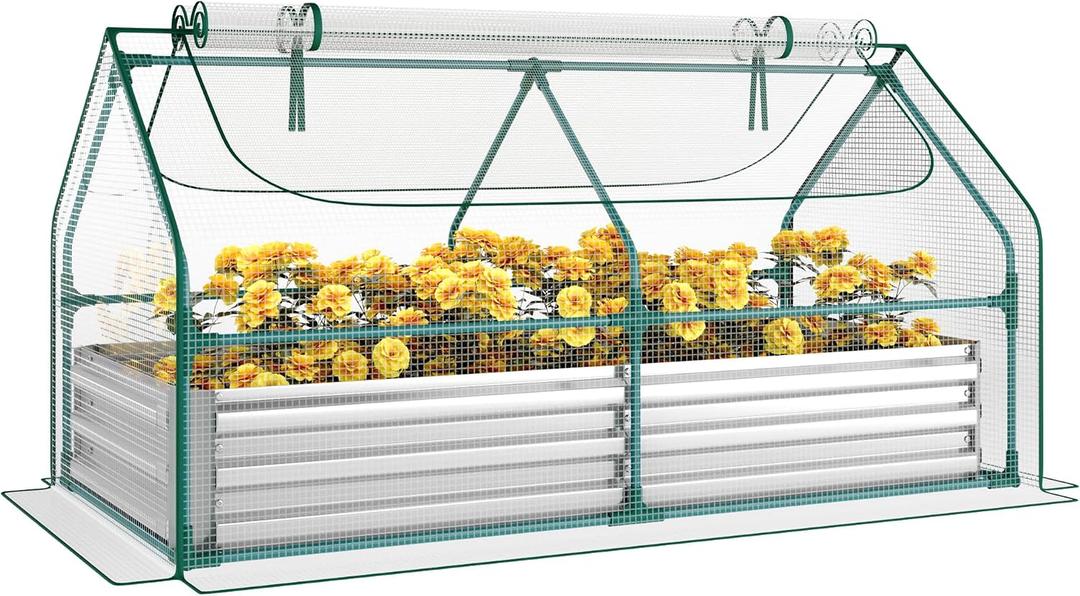Miory Raised Garden Bed with PE Cover, 6x3x1 FT Galvanized Planter Box Outdoor with Greenhouse Cover, 2 Large Zippered Screen Windows for Vegetables, Flowers, Includes Labels & Gloves