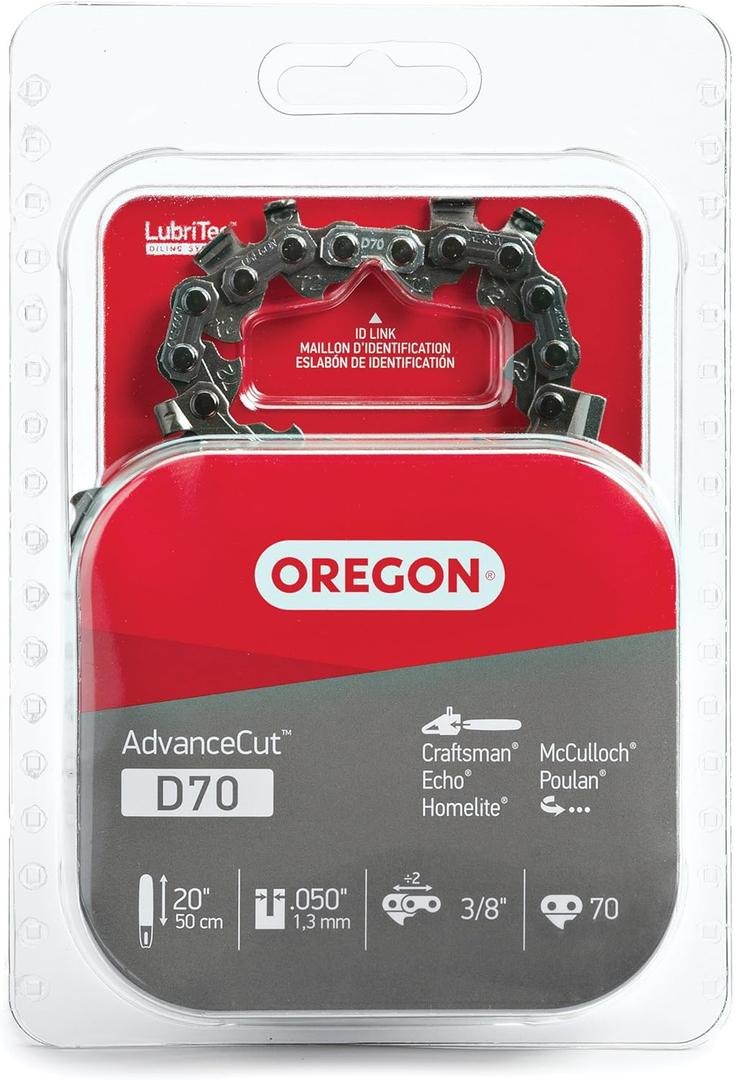 Oregon D70 AdvanceCut Chainsaw Chain for 20-Inch Bar  70 Drive Links, Replacement Low-Kickback Chainsaw Blade, .050 Inch Gauge, 3/8 Inch Pitch, fits Several Poulan Pro & Echo Models (D70) Black