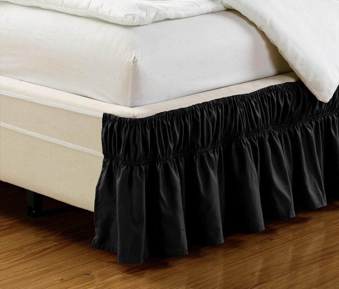 Fancy Collection Queen-King Easy Fit Bed Ruffle wrap Around Elastic Bed Skirt with 17" Drop New Easy Install Solid Black New