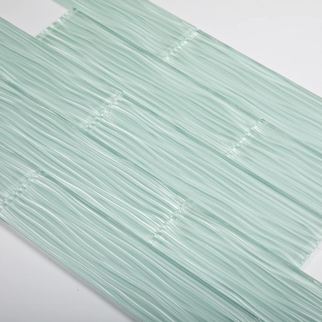 Lovdeco Light Green Water Wave Glass Subway Tile, 3 x 12 Inch, 4 Sq Ft, Backsplash for Bathroom Kitchen Wall, 16-Pack