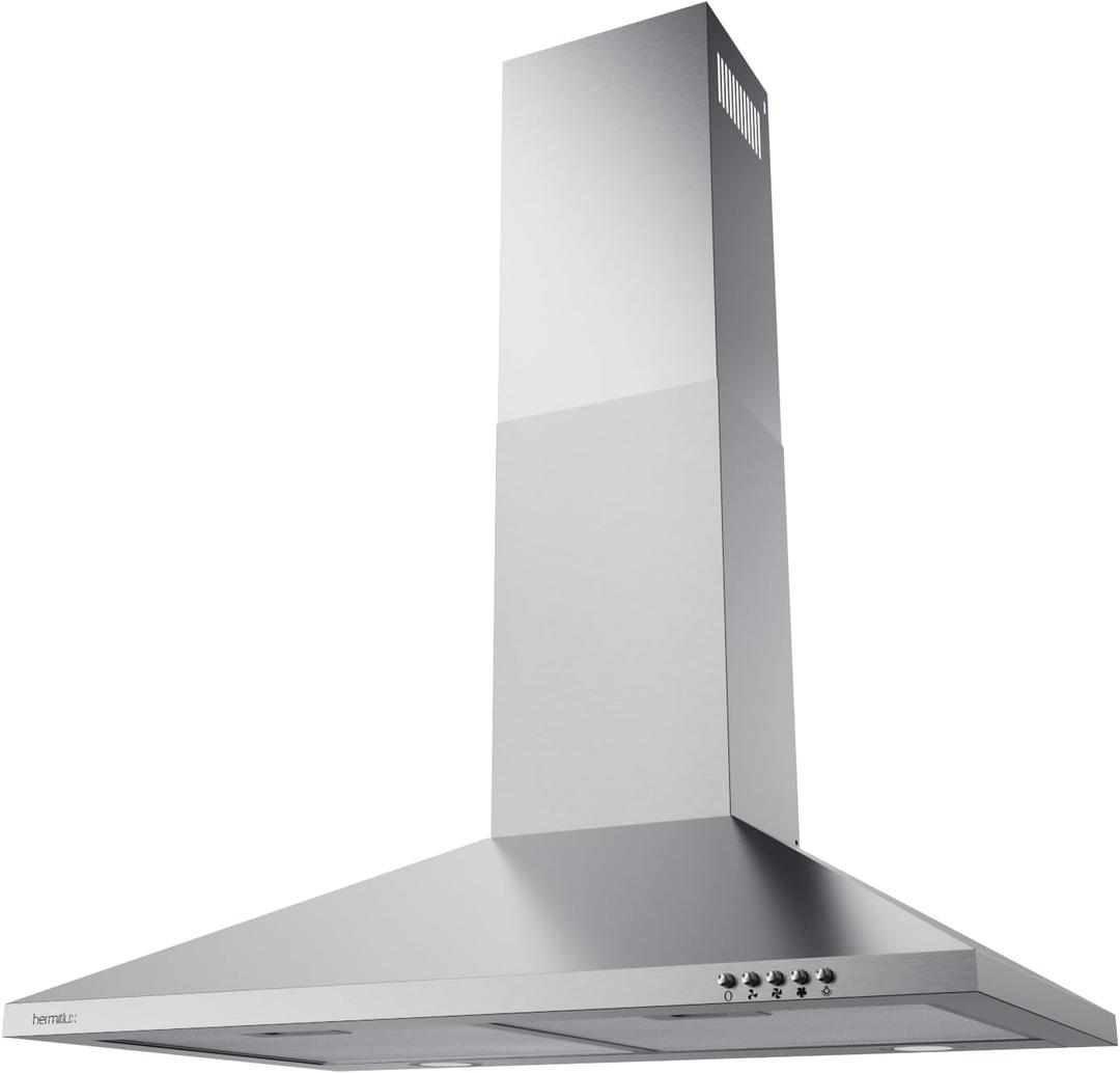 Hermitlux Range Hood 30 inch Stainless Steel, Wall Mount Vent Hood for Kitchen with Charcoal Filter, Ducted/Ductless Convertible (Stainless Steel-Modern Design)