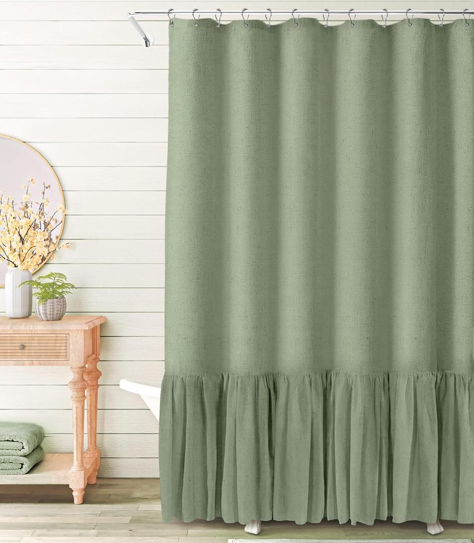 Awellife Sage Green Farmhouse Shower Curtain with A Ruffle Hem Linen Blend Shower Curtain for Bathroom Nature (72"W x 72"L)