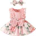 Baby Girl Clothes Newborn Romper Dress Infant Lace Ruffle Sleeveless Summer Outfits with Headband 0-12 Months, Pink