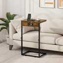 C Shaped End Table with Charging Station, Adjustable Height Side Table for Couch, Small Side Table, 33.2'' Tall Couch Tables that Slide Under, Tv Tray End Table for Living Room, Rustic Brown, 15.92''L x 11.86''W x 20.35-33.2"H