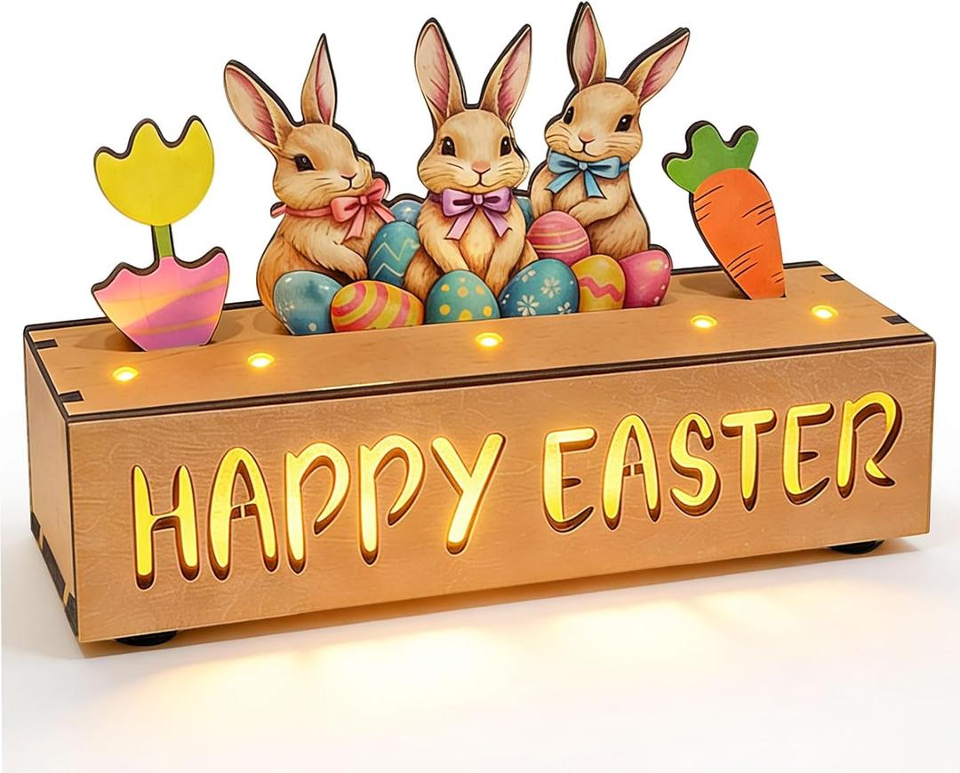 Happy Easter Decorations with LED Lights, Wooden Easter Decor Gifts for Table, Lighted Happy Easter Sign with Bunny, Carrots, Tulip and Easter Eggs, for Spring Mantel, Tiered Tray, Home Desk 8.6 inch