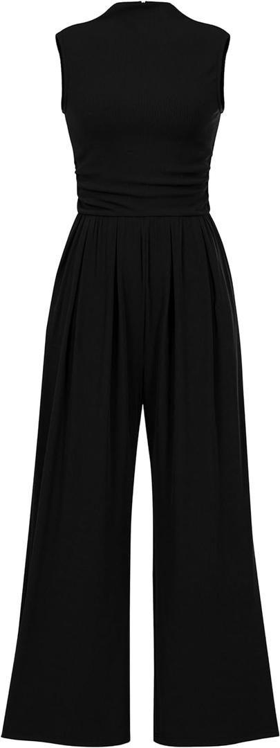 PRETTYGARDEN Womens Summer Jumpsuits Dressy Casual One Piece Outfits Sleeveless Mock Neck Wide Leg Pants Rompers with Pockets (Large, Black)