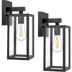 MAXvolador Outdoor Wall Sconce, Exterior Waterproof Wall Lantern Light Fixtures, Black Porch Lights with Toughened Glass Shade, Anti-Rust E26 Socket Front Door Mount Lighting, 2 Pack, Large